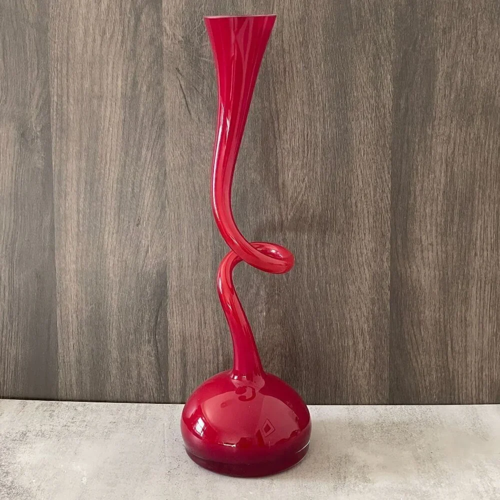 Normann Copenhagen Denmark Vintage Red Cased Glass Corkscrew Swing Vase 16